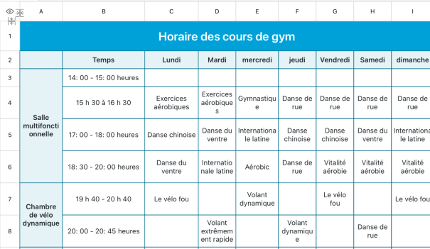 Horaire des cours de gym